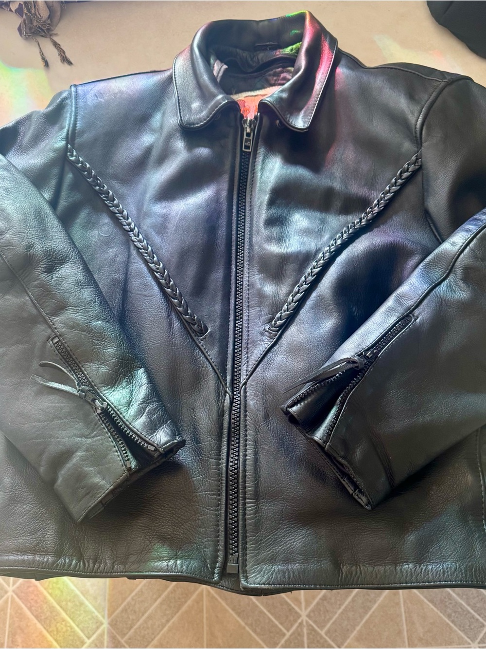 Vintage Wild Ride Genuine Leather Biker Jacket Women L Braided Lace Up Black
